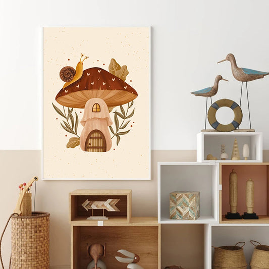 Enchanting Mushroom Motif Canvas Print Wall Art Brown Autumn Mushroom Poster For Kids Room Nursery Décor