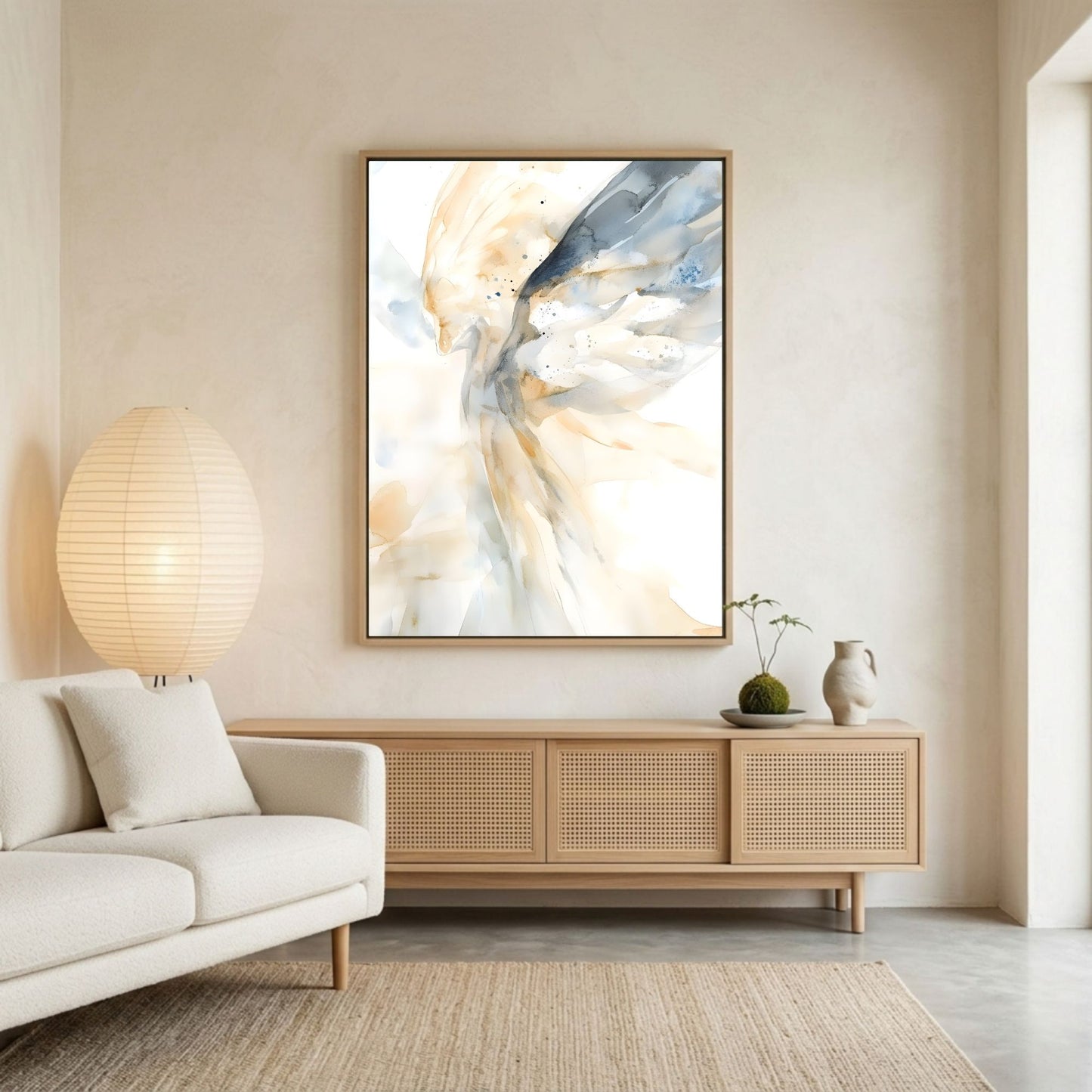 Ethereal Abstract Angel Wings Framed Wall Art Canvas Print – Neutral Beige Modern Spiritual Painting for Minimalist Living Room Decor