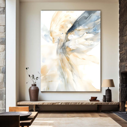 Ethereal Abstract Angel Wings Framed Wall Art Canvas Print – Neutral Beige Modern Spiritual Painting for Minimalist Living Room Decor
