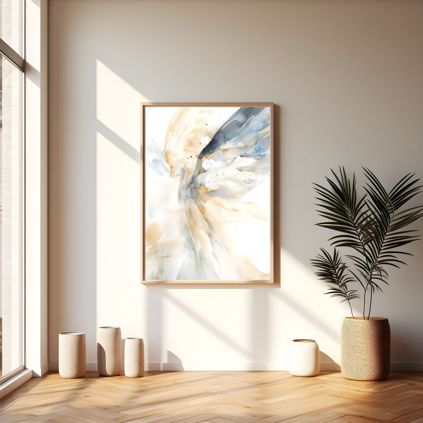 Ethereal Abstract Angel Wings Framed Wall Art Canvas Print – Neutral Beige Modern Spiritual Painting for Minimalist Living Room Decor