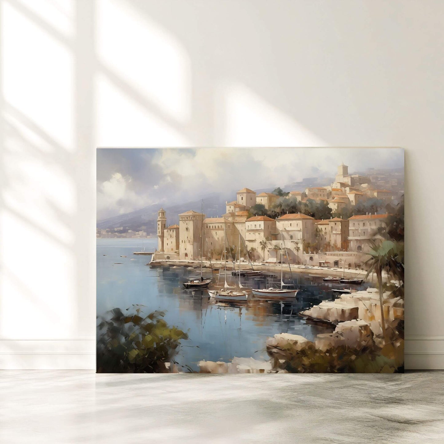 European Harbor Village Painting Framed Wall Art - Coastal Wall Decor Canvas Print