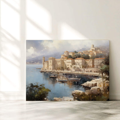 European Harbor Village Painting Framed Wall Art - Coastal Wall Decor Canvas Print