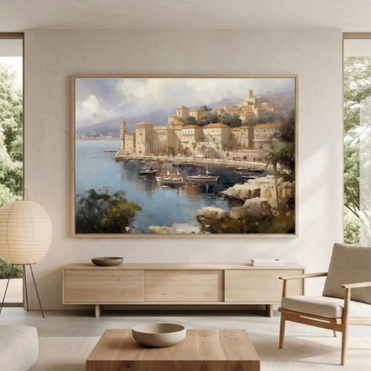 European Harbor Village Painting Framed Wall Art - Coastal Wall Decor Canvas Print