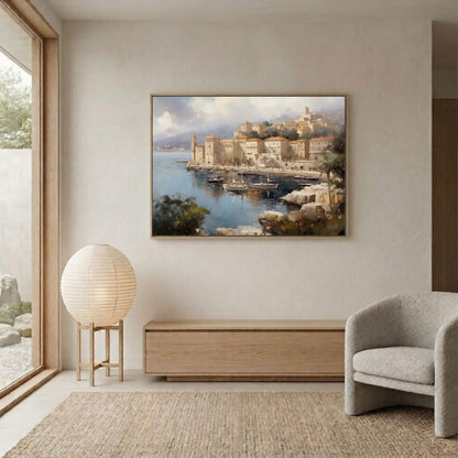 European Harbor Village Painting Framed Wall Art - Coastal Wall Decor Canvas Print