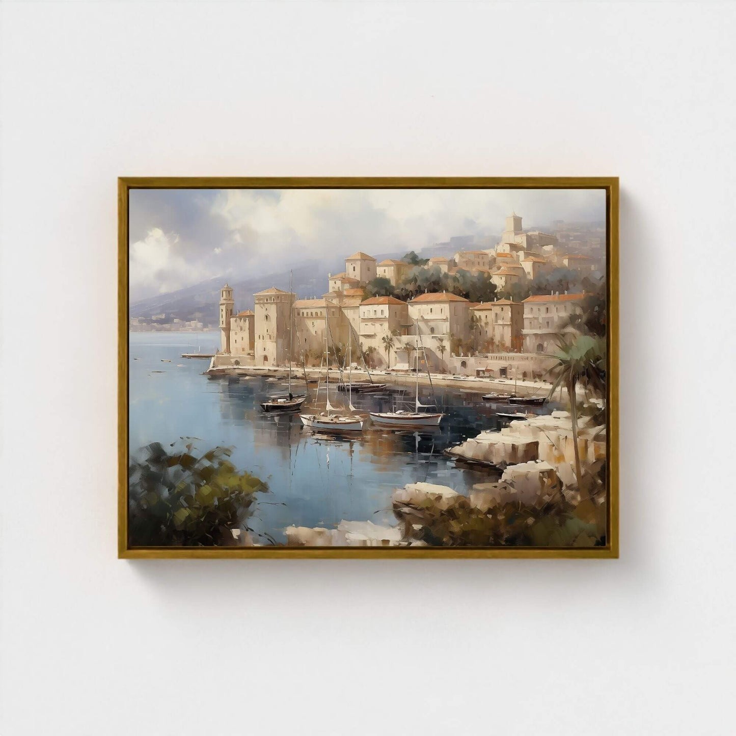 European Harbor Village Painting Framed Wall Art - Coastal Wall Decor Canvas Print