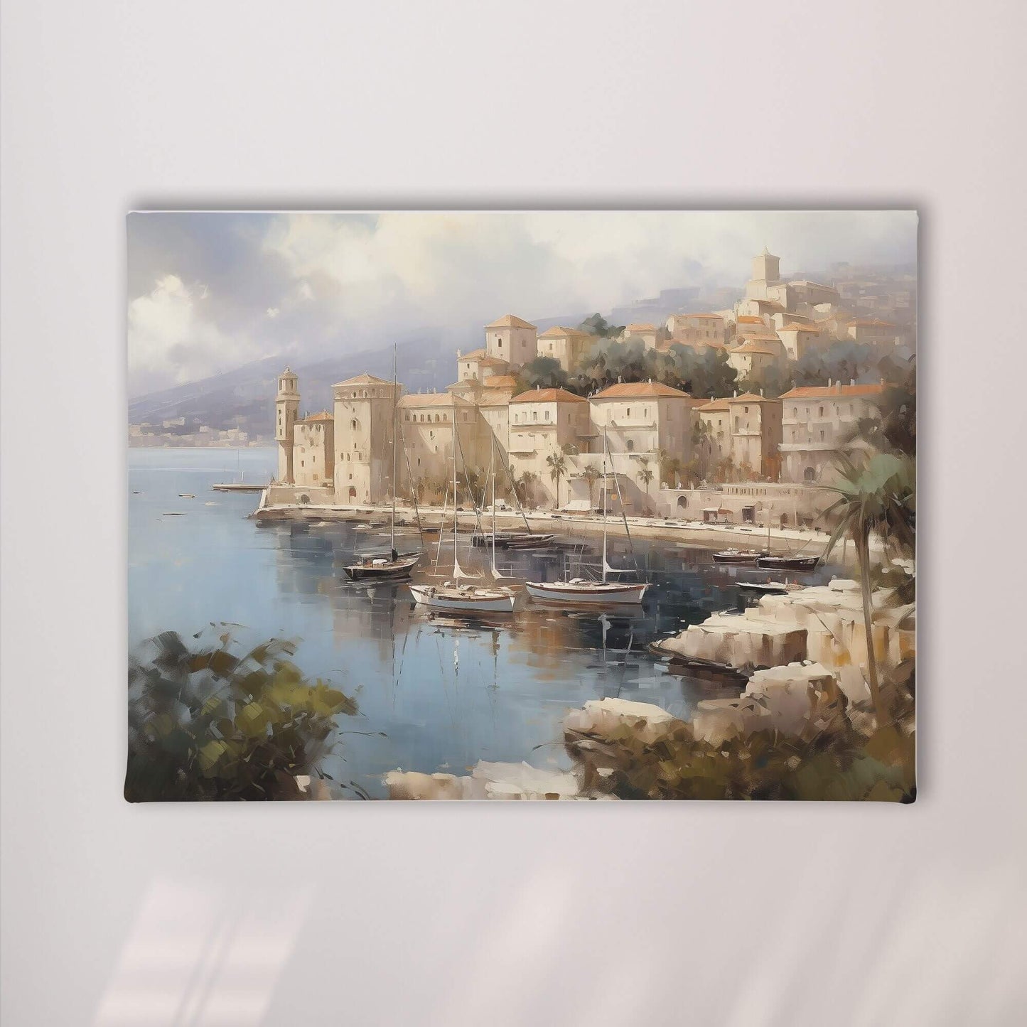 European Harbor Village Painting Framed Wall Art - Coastal Wall Decor Canvas Print