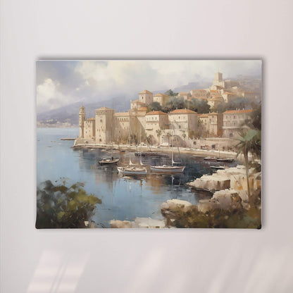 European Harbor Village Painting Framed Wall Art - Coastal Wall Decor Canvas Print