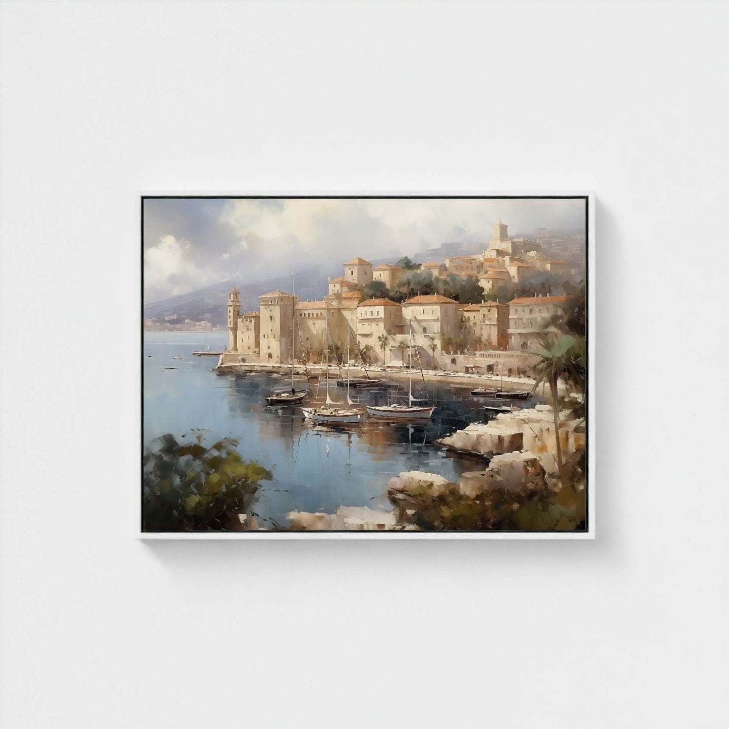 European Harbor Village Painting Framed Wall Art - Coastal Wall Decor Canvas Print