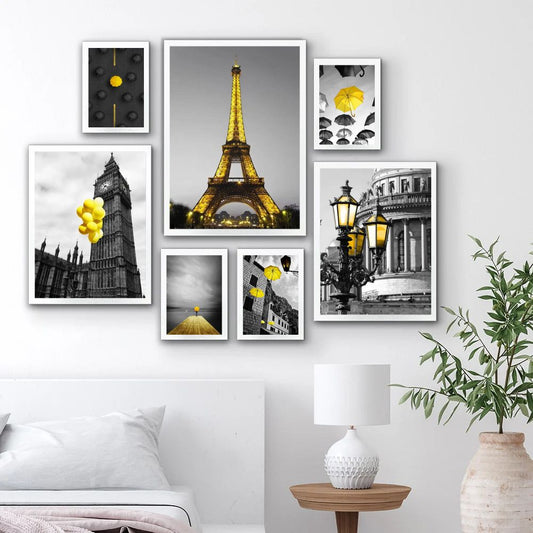 European Landscape Architectural City Canvas Prints Nordic Yellow Scenery Gallery Wall Art Set Of 7 Posters For Modern Living Room Home Decor