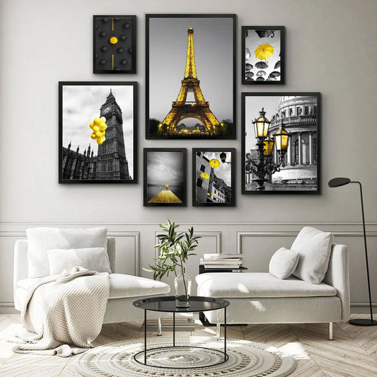 European Landscape Architectural City Canvas Prints Nordic Yellow Scenery Gallery Wall Art Set Of 7 Posters For Modern Living Room Home Decor