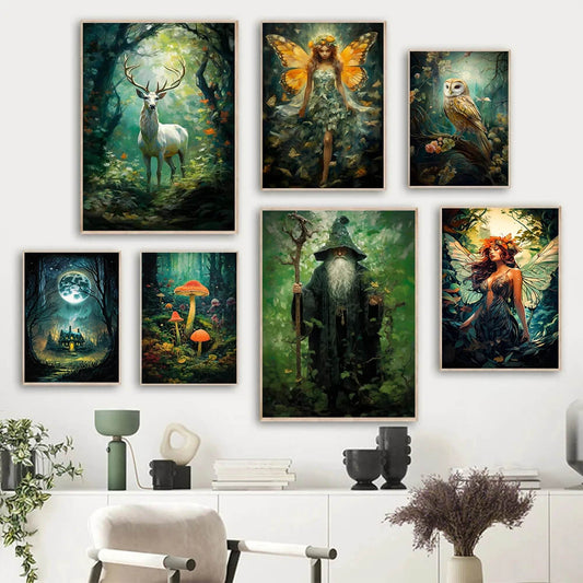 Fae Magic Enchanted Forest Mushroom Motifs Wall Art Canvas Print Witchy Aesthetic Canvas Prints For Esoteric Living Room Bedroom