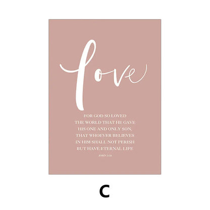 Poster with 'love' text and John 3:16 quote on a pink background