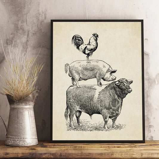 Farm Poultry Cow Pig Chicken Vintage Canvas Print Country Farmhouse Retro Wall Art Rustic Kitchen Home Décor