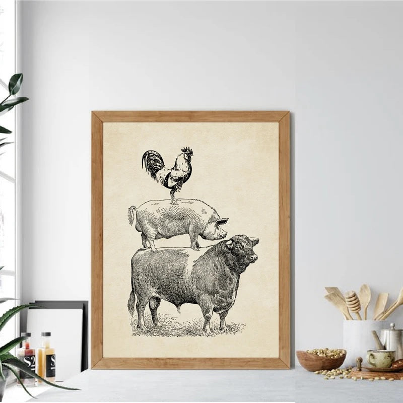 Farm Poultry Cow Pig Chicken Vintage Canvas Print Country Farmhouse Retro Wall Art Rustic Kitchen Home Décor