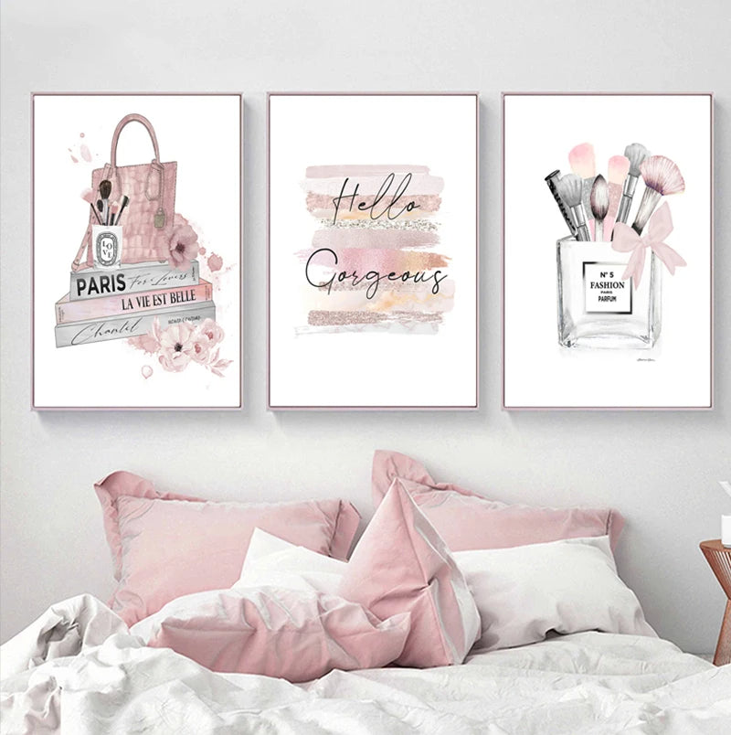 Fashion Makeup Brushes Beauty Pastel Pink Canvas Print Wall Art Pink Inspirational Fine Art For Modern Girl Living Room Beauty Salon Bedroom Refresh