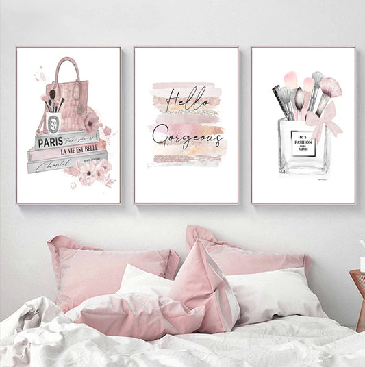 Fashion Makeup Brushes Beauty Pastel Pink Canvas Print Wall Art Pink Inspirational Fine Art For Modern Girl Living Room Beauty Salon Bedroom Refresh