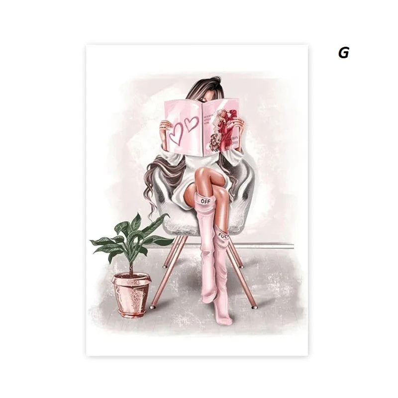 Illustration of a woman sitting on a chair reading a book with a plant next to her.