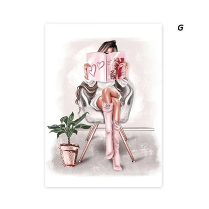 Illustration of a woman sitting on a chair reading a book with a plant next to her.