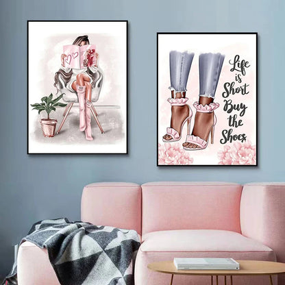 Fashion Wall Art with Perfume Heels Pink Flowers Chic Canvas Print Art for Dressing Room Makeup Vanity Decor