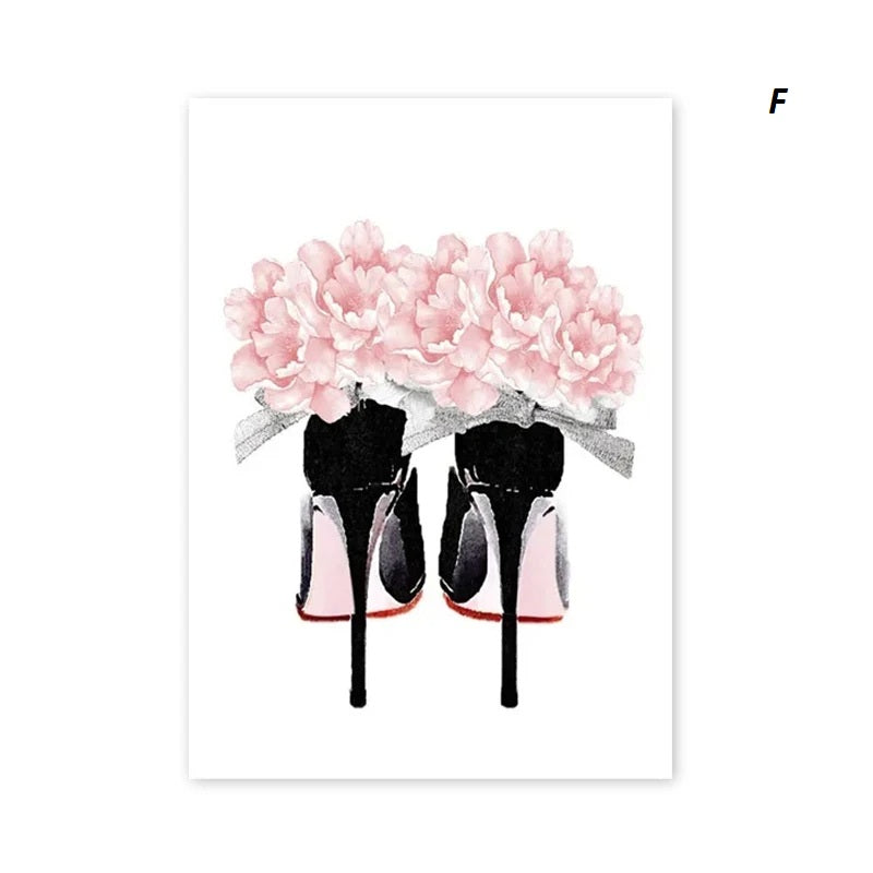Illustration of high-heeled shoes with pink flowers on a white background