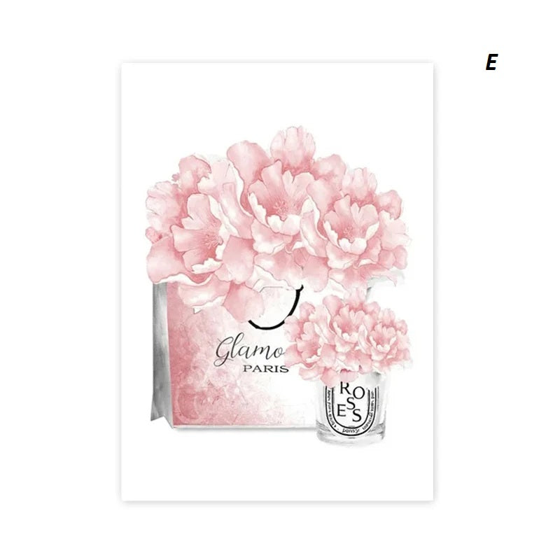 Poster of Perfume bottle with pink floral design and 'Glamour Paris' branding on a white background