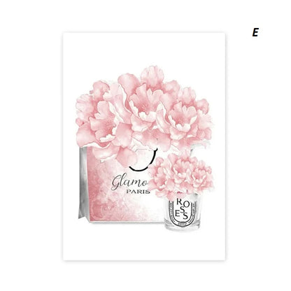 Poster of Perfume bottle with pink floral design and 'Glamour Paris' branding on a white background