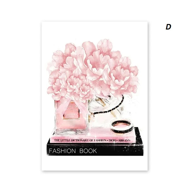 Poster of Pink flowers in a vase on top of a fashion book with a white background