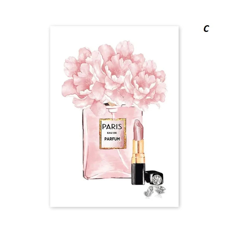Poster of Pink perfume bottle with flowers, lipstick, and earrings on a white background