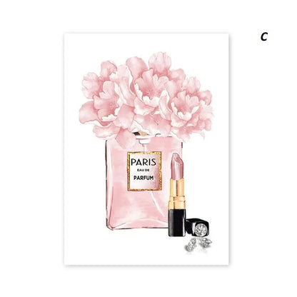 Poster of Pink perfume bottle with flowers, lipstick, and earrings on a white background