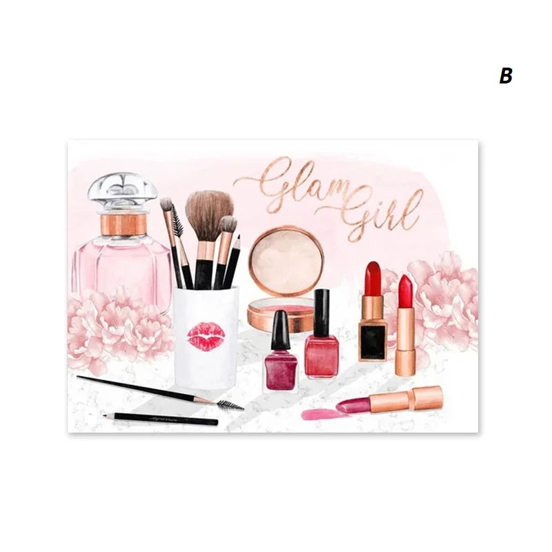 Poster of a makeup set with 'Glam Girl' text on a decorative card