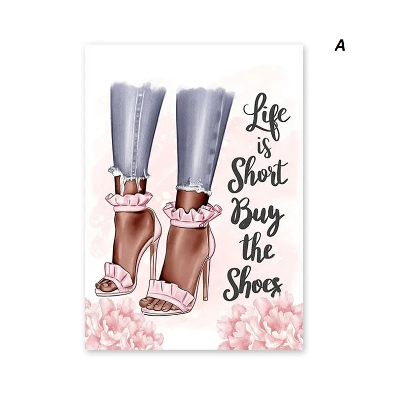 Illustration of high-heeled shoes with ruffled socks and text 'Life is Short, Buy the Shoes' on a floral background.