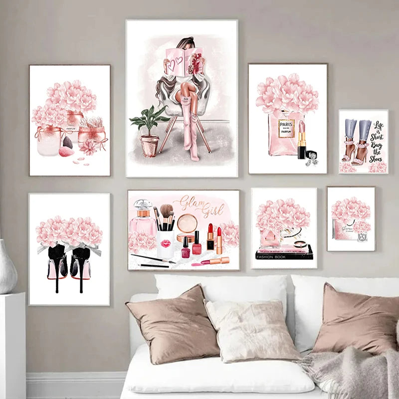 Fashion Wall Art with Perfume Heels Pink Flowers Chic Canvas Print Art for Dressing Room Makeup Vanity Decor