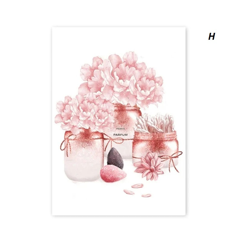 Poster of pink flowers and jars with a perfume bottle on a white background