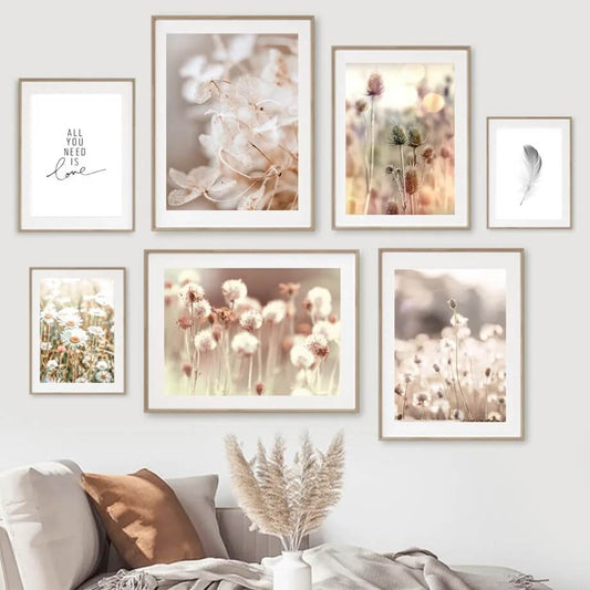 Flower Dandelion Daisy Leaves Beige Landscape Canvas Prints Nordic Wall Art Neutral Colors Posters Nature Wall Pictures For Living Room Décor