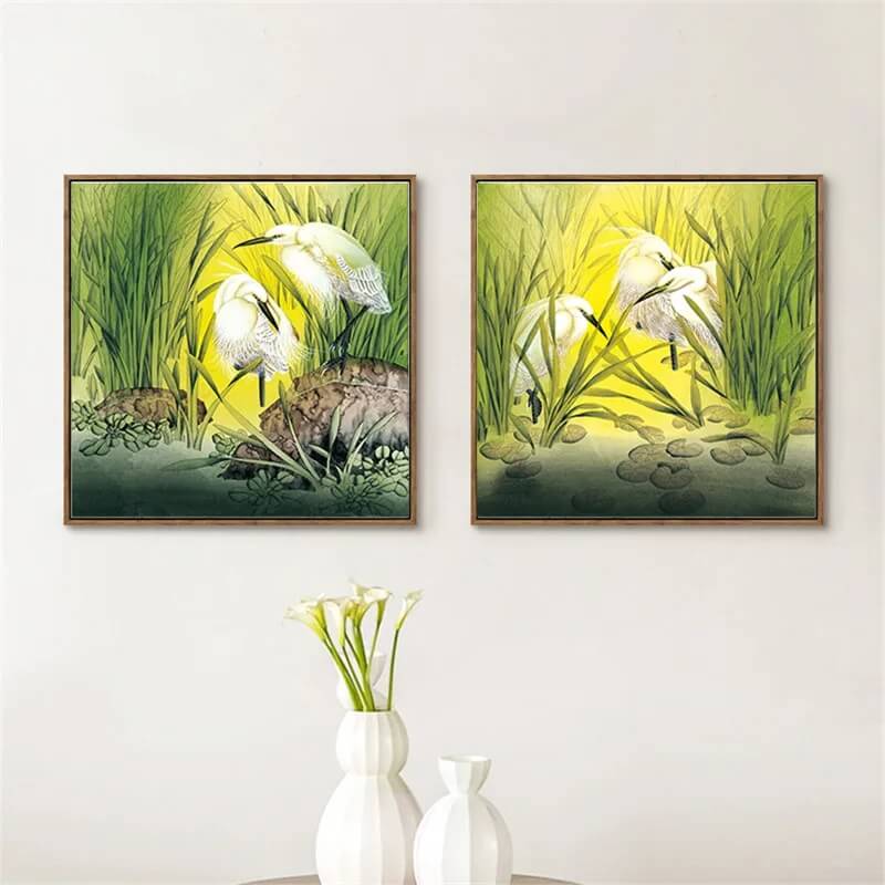 Flower White Crane Canvas Print Japanese Wall Art Nature Botanical Poster For Living Room Bedroom Above Sofa Pictures Décor