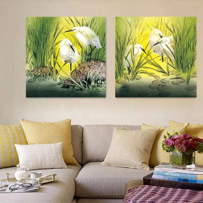 Flower White Crane Canvas Print Japanese Wall Art Nature Botanical Poster For Living Room Bedroom Above Sofa Pictures Décor