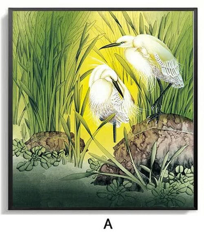 Flower White Crane Canvas Print Japanese Wall Art Nature Botanical Poster For Living Room Bedroom Above Sofa Pictures Décor