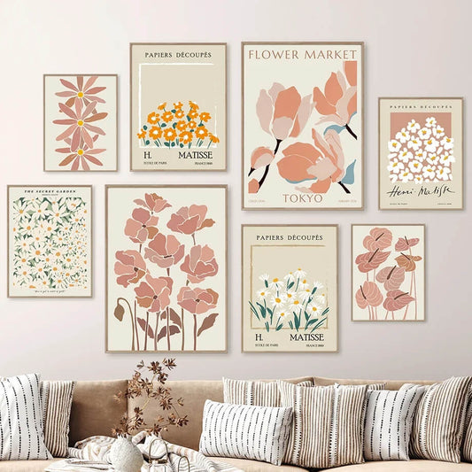 Flower Market Matisse Wall Art Pastel Neutral Flowers Canvas Print For Modern Living Room Bedroom Wall Décor