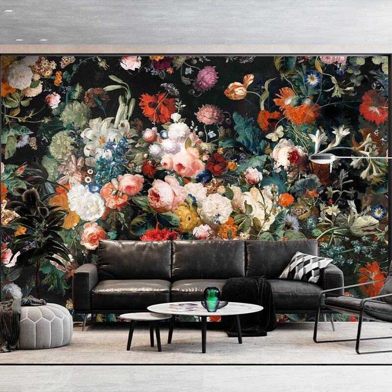 Flowers Composition Black Aesthetic Mural Wallpaper (SqM)