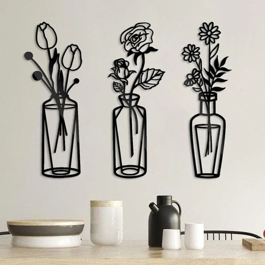 Flowers In A Vase Black Metal Wall Art 3D Sculptured Iron Art Wall Decorations For Living Room Dining Room Creative Nordic Home Decor