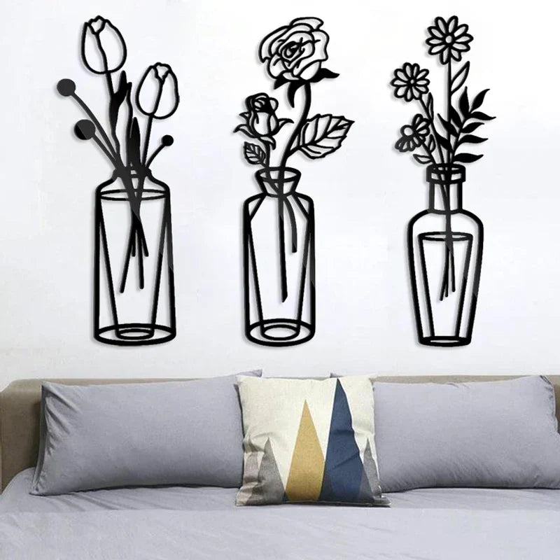 Flowers In A Vase Black Metal Wall Art 3D Sculptured Iron Art Wall Decorations For Living Room Dining Room Creative Nordic Home Decor