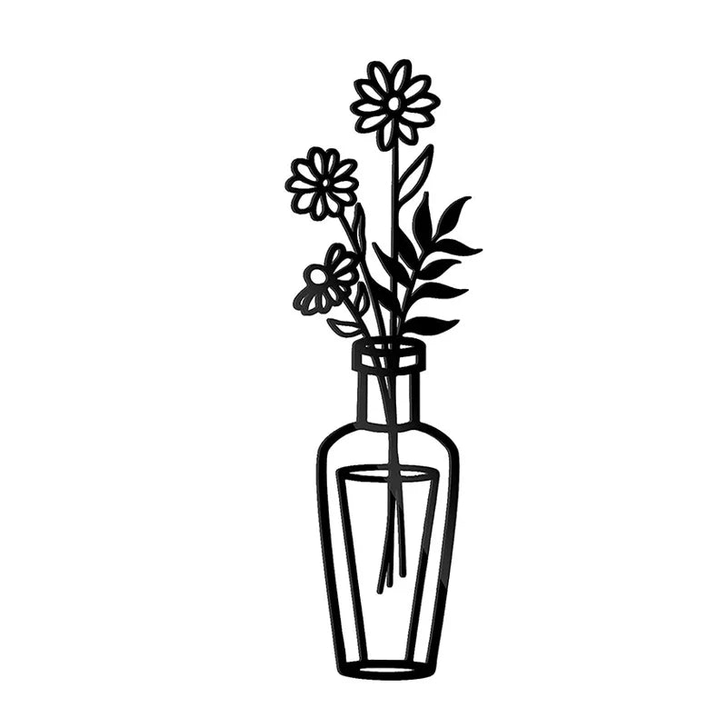 Flowers In A Vase Black Metal Wall Art 3D Sculptured Iron Art Wall Decorations For Living Room Dining Room Creative Nordic Home Decor