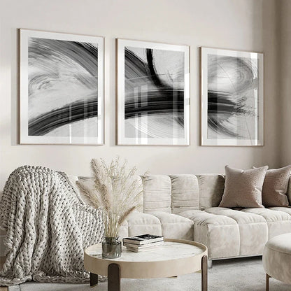 Flowing Brush Strokes Abstract Wall Art Canvas Prints Black and White Poster For Modern Apartment Living Room Bedroom Contemporary Interiors