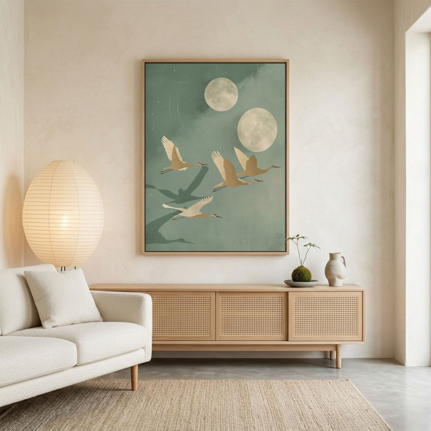 Flying Cranes Moon Framed Wall Art Canvas Print - Japandi Sage Artwork