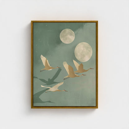 Flying Cranes Moon Framed Wall Art Canvas Print - Japandi Sage Artwork