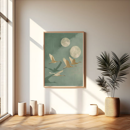 Flying Cranes Moon Framed Wall Art Canvas Print - Japandi Sage Artwork