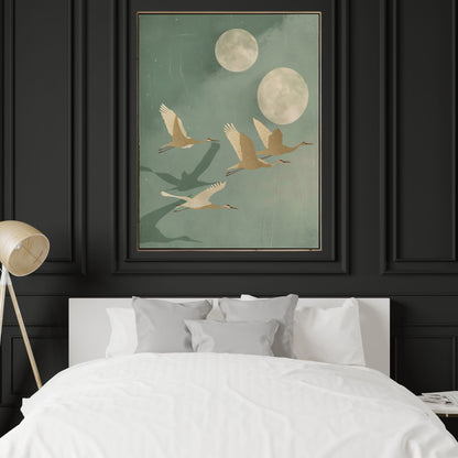 Flying Cranes Moon Framed Wall Art Canvas Print - Japandi Sage Artwork