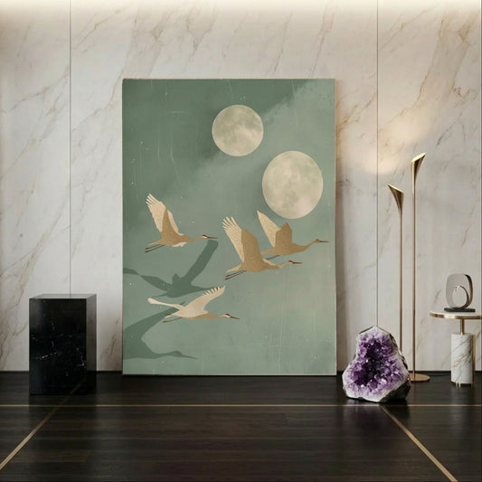 Decorative wall art with cranes and moons in a modern interior setting.