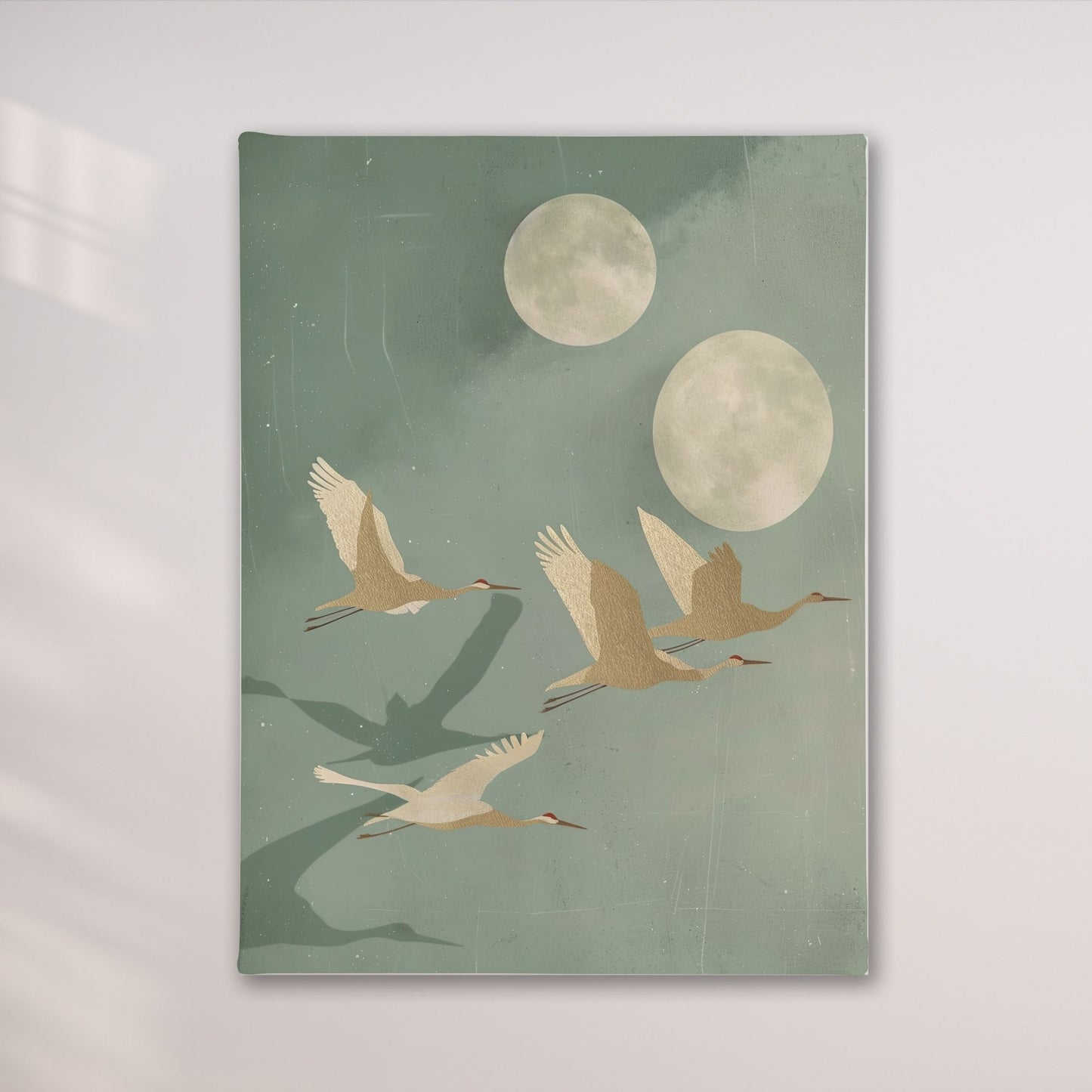 Flying Cranes Moon Framed Wall Art Canvas Print - Japandi Sage Artwork