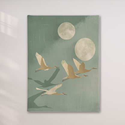 Flying Cranes Moon Framed Wall Art Canvas Print - Japandi Sage Artwork
